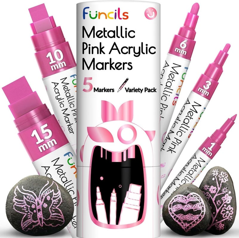 Funcils 5 Acrylic Metallic Pink Paint Pen - Extra Fine Tip, Thin & Jumbo (1mm, 3mm, 6mm, 10mm, 15mm) - Paint Markers for Metal, Rocks, Plastic, Canvas, Wood, Fabric, Tire, Glass. Pink Permanent Marker - Image 1
